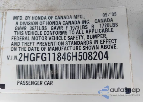 2006 Honda Civic Ex z USA, uszkodzony, nr VIN 2HGFG11846H508204